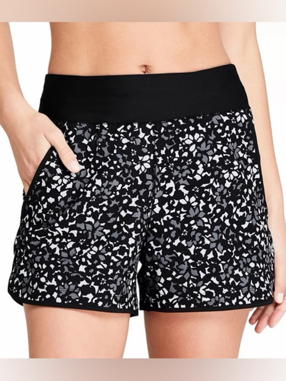 Lands' End Black Floral-Print Athletic Board Shorts